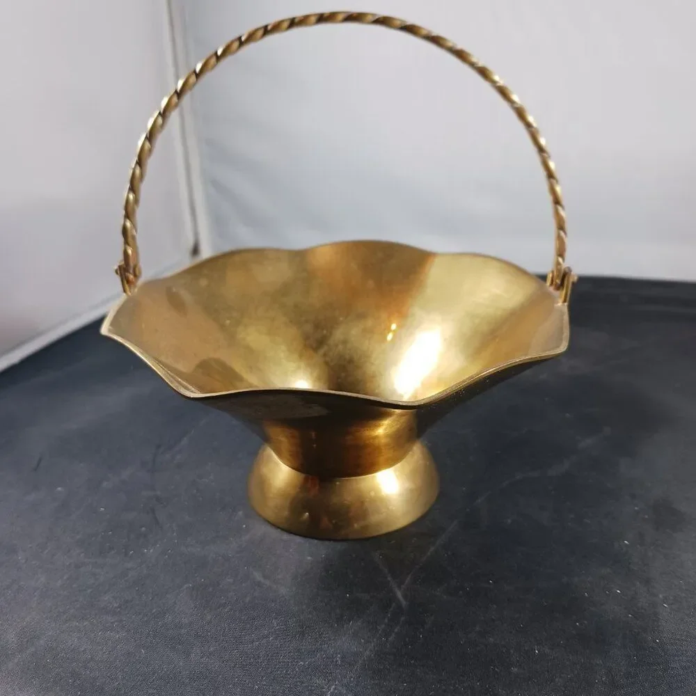 Vintage Small Solid Brass Basket with Handle